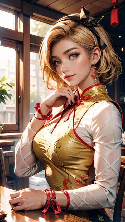 illustration design, delicate characters, windows, table, brown hair, big eyes, a long cheongsam with a chinese design、24 year o...