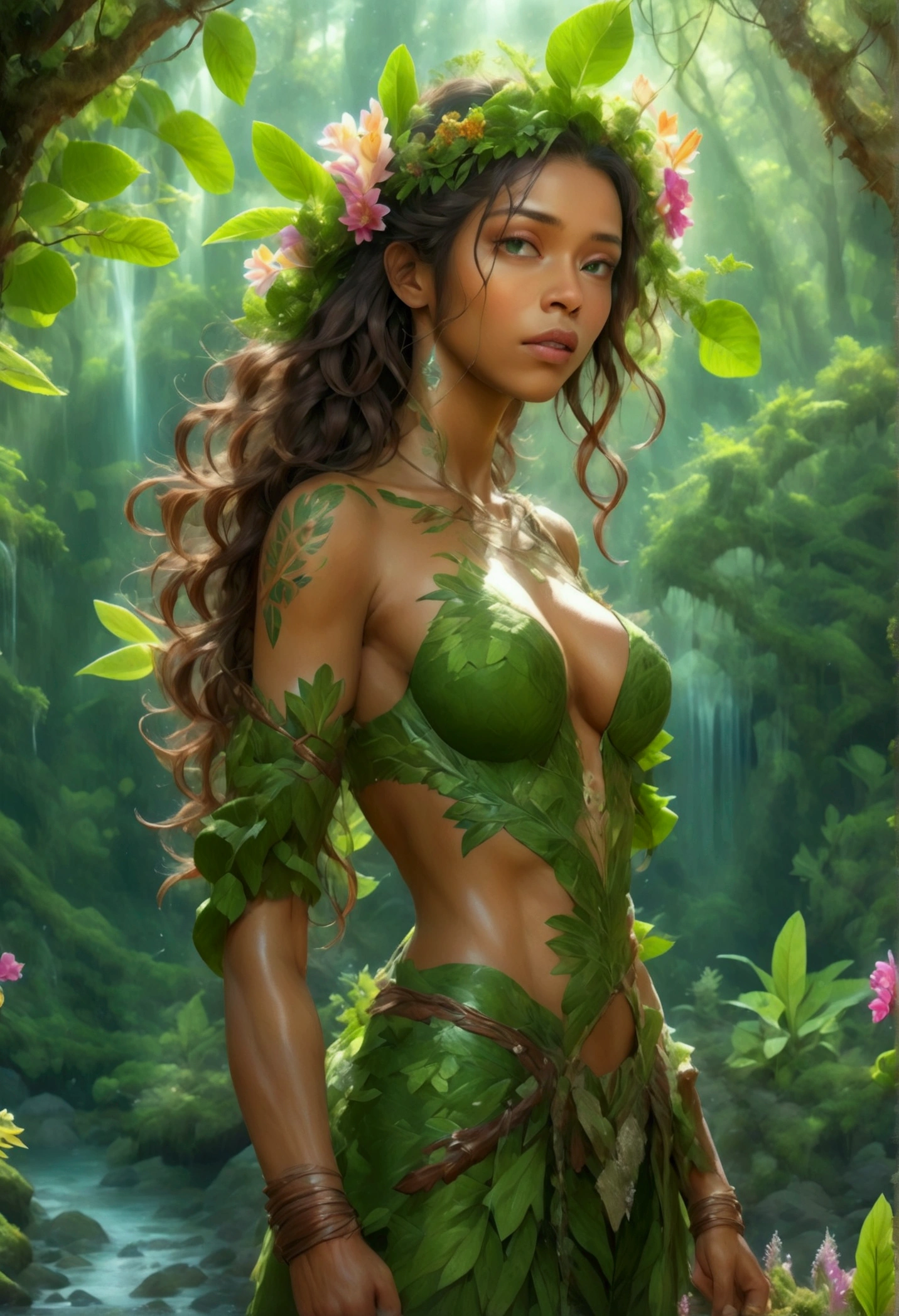  a picture of a druid in her jungle cove, an exotic, most beautiful human druid, priest of nature, warden of the wild of the jungle, full body, ((anatomically correct: 1.5)) long hair, wild hair, dynamic hair color, flowers and leaves in her hair, wearing a green robe, small cleavage, high boots, eyes glowing with magic, she protects her jungle grove, many old (cacao trees: 1.3), orchids trees, heliconia flowers, some wild life, a (stream of water: 1.3), fantasy art, vibrant, Ultra-high resolution, High Contrast, (masterpiece:1.5), highest quality, Best aesthetics), best details, best quality, highres, ultra wide angle, 16k, [ultra detailed], masterpiece, best quality, (extremely detailed) RAW, 