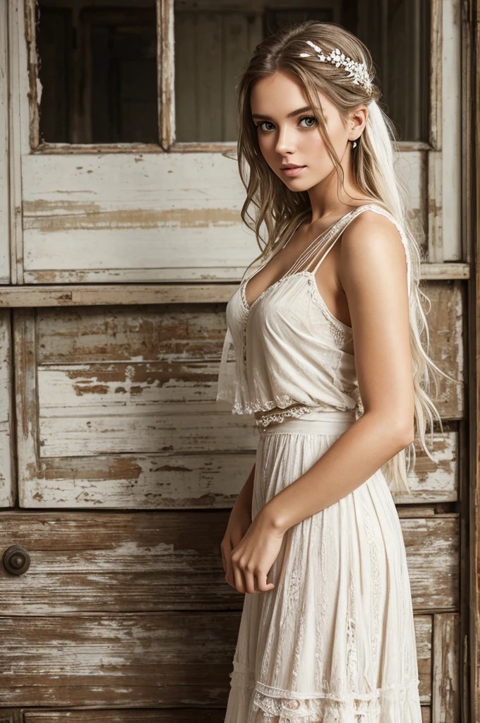 Young stunning woman dreamy aesthetic characterized by a white scheme, distressed or weathered elements, organic emphasis, and a rustic, vintage feel --ar 3:4 --style raw --v 6.0