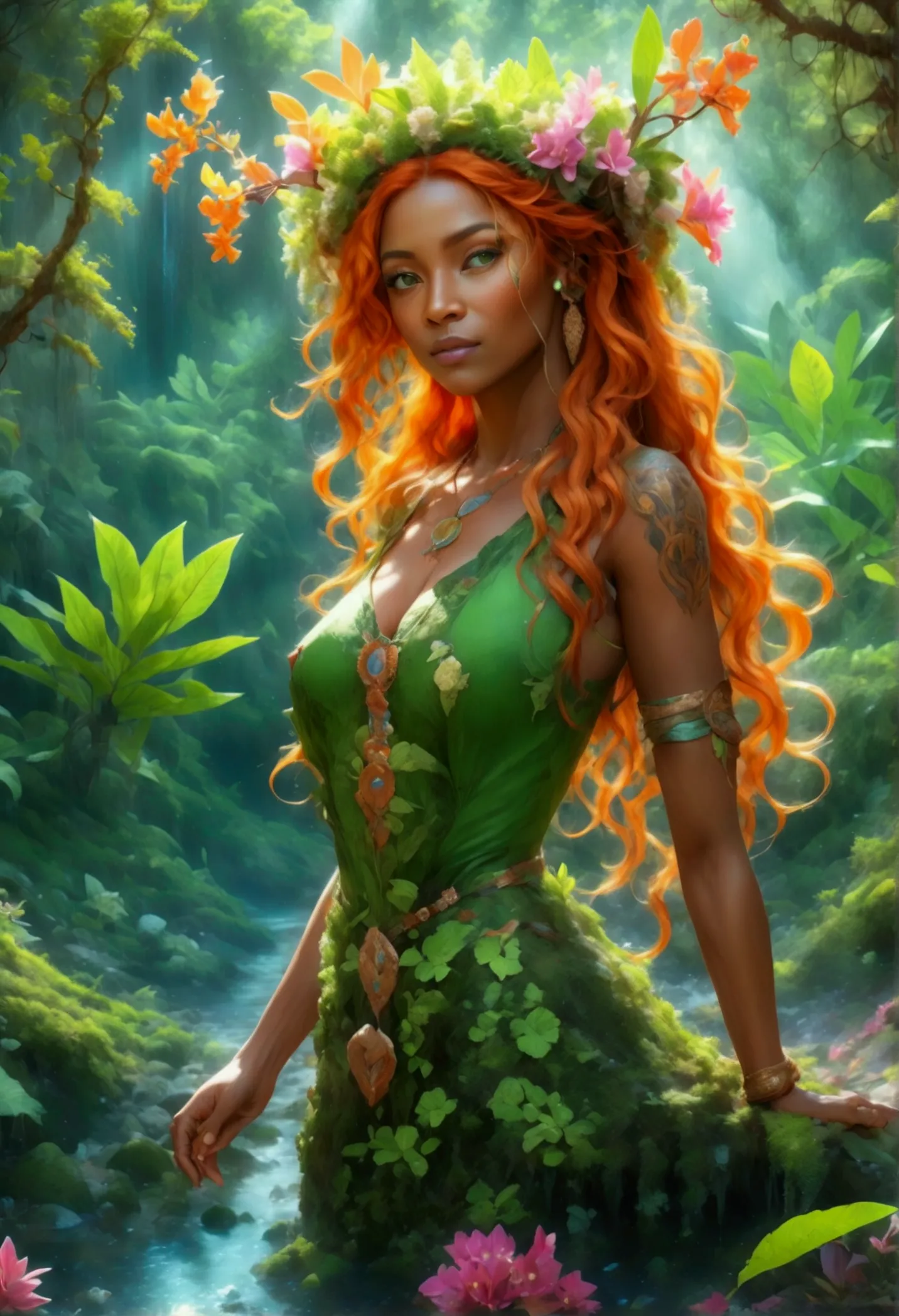 a picture of a druid in her jungle cove, an exotic, most beautiful human druid, priest of nature, warden of the wild of the jung...