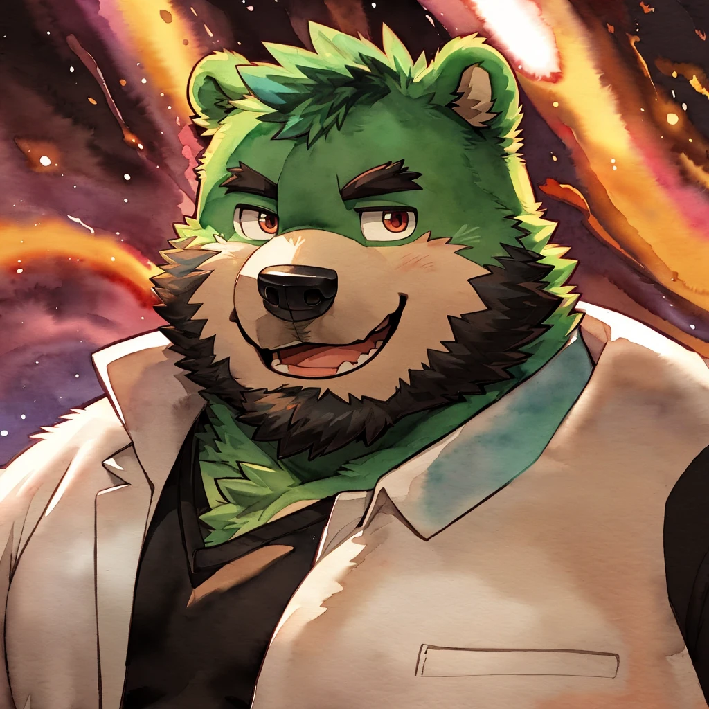 Scribble bear face, ((cute)),anthro, kemono, male, solo, ((round face, very plump face, thick beard)), (((dark beard))), ((endomorph body type, old-aged, mature)), ((green bear, bear) fluffy fur, fluffy), (high quality, highres, masterpiece), (dynamic lighting, vivid color), (generous smile), (face focus), front view (close up), cartoon, (((green bear))), (((green fur))), green hair, beard, white eyebrows, bald, red eyes, tall, (((black t-shirt inside, white long coat unhood, gray trousers, boots))), (close up:1.5), by takemoto arashi, by kamyuel, by milkytiger1145, by 96panda, generous smile, happy, open mouth, (watercolor \(medium\), IrisCompiet:1.2),front view, face focus, abstract background, fantasy, many colors, colorful,