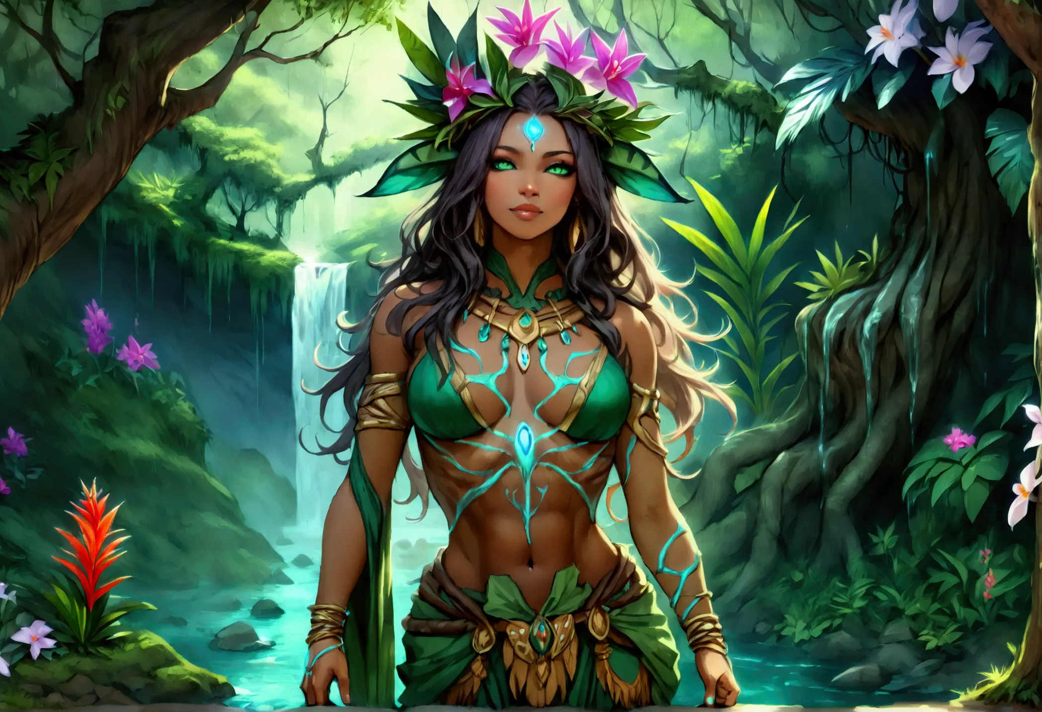 a picture of a druid in her jungle cove, an exotic, most beautiful human druid, priest of nature, warden of the wild of the jung...