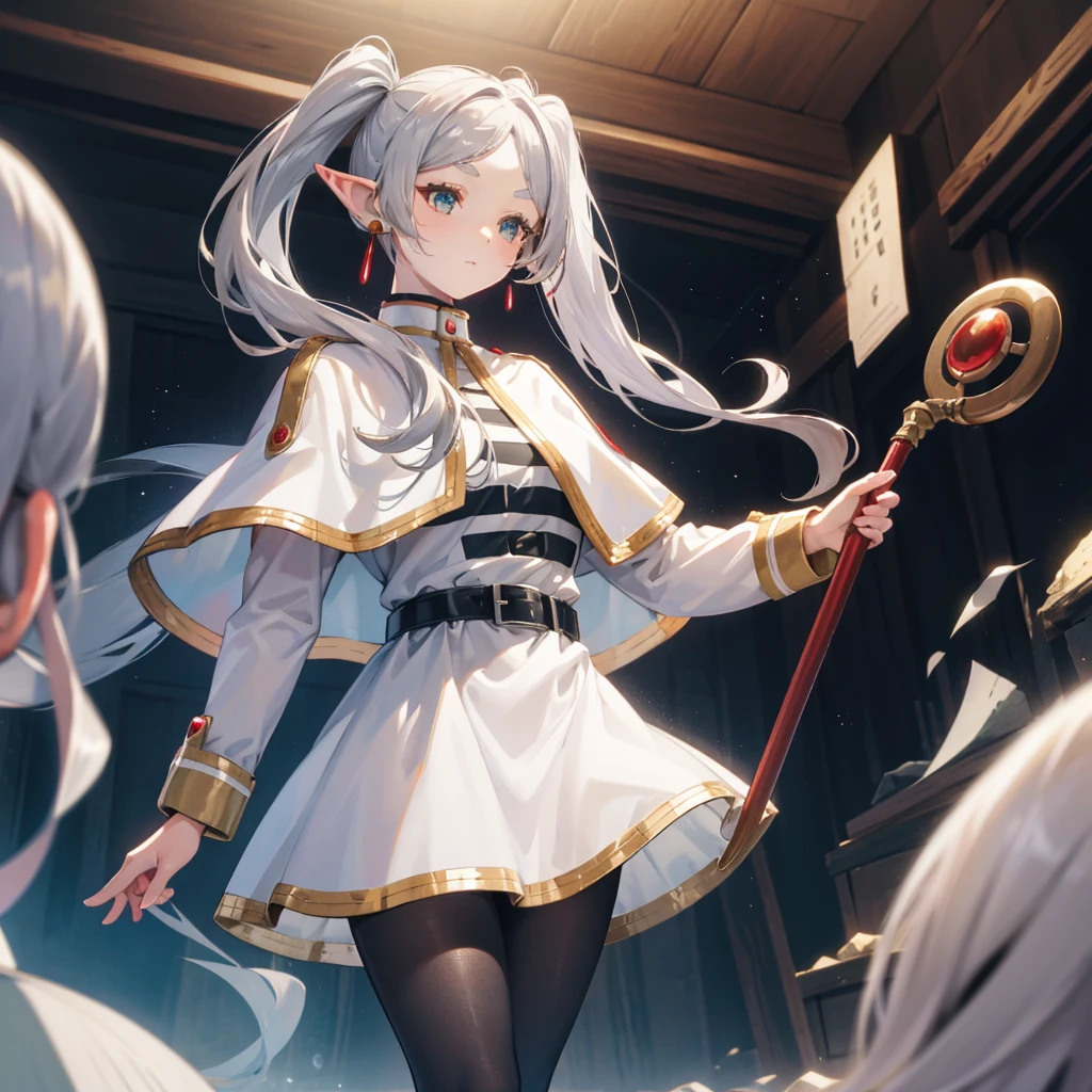 thank you, Long Hair, Gray Hair, Twin tails, Pointed Ears, Earrings, Thick eyebrows, White capelet, Striped shirt, Long sleeve, belt, White Skirt, Black Pantyhose　High resolution　Holding a walking stick　magic circle　Beam from a wand　Streaks of Light　Shining Edges　Shining Background