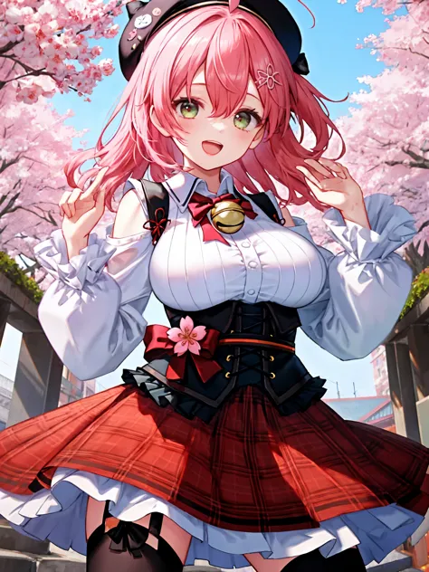 masutepiece, Best_Quality, hight_resolution, miko2,Ponytail, 1girl, Ahoge, black headwear, Hair Ornament, White shirt, black thighhighs, Pink hair, Red_skirt, very_short_skirt, plaid skirts, garter_strap, Collared shirt, hair clips, frilld, Bangs, hair between eye, frills skirt, beret, Pleated skirt, Hair Flower, Neck bell, , puffy long sleeves, Black bow, Underbust, Cowboy Shot,Smile, (large_breasts:1.3),covered_nipples, green_eyes, happy, childlike_posing,spread_legs,(big_smile:1.2),plump,open_mouth,shout,half_eyes,cherryblossom_park_landscape_background,