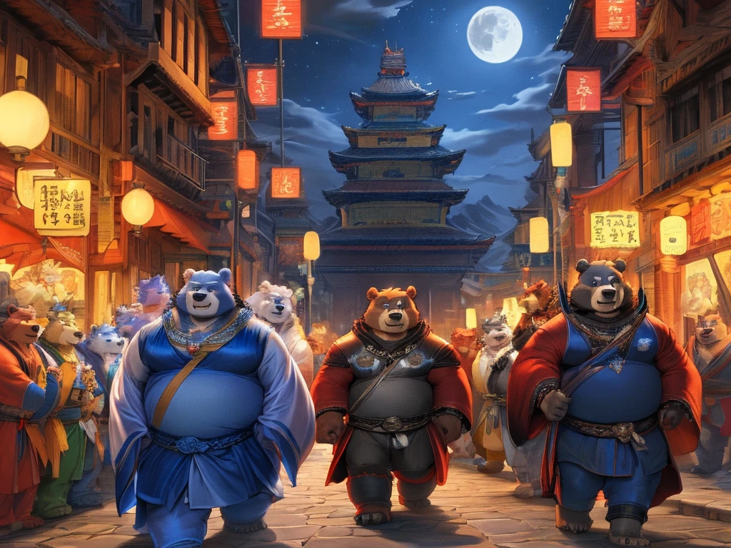 there are two bears standing in the middle of a street, anthropomorphic samurai bear, moon bear samurai, rob rey and kentarõ miura, ross tran and michael whelan, official concept art, rob rey and kentarõ miura style, black bear samurai, rob rey and kentaro miura style, edgar maxence and ross tran