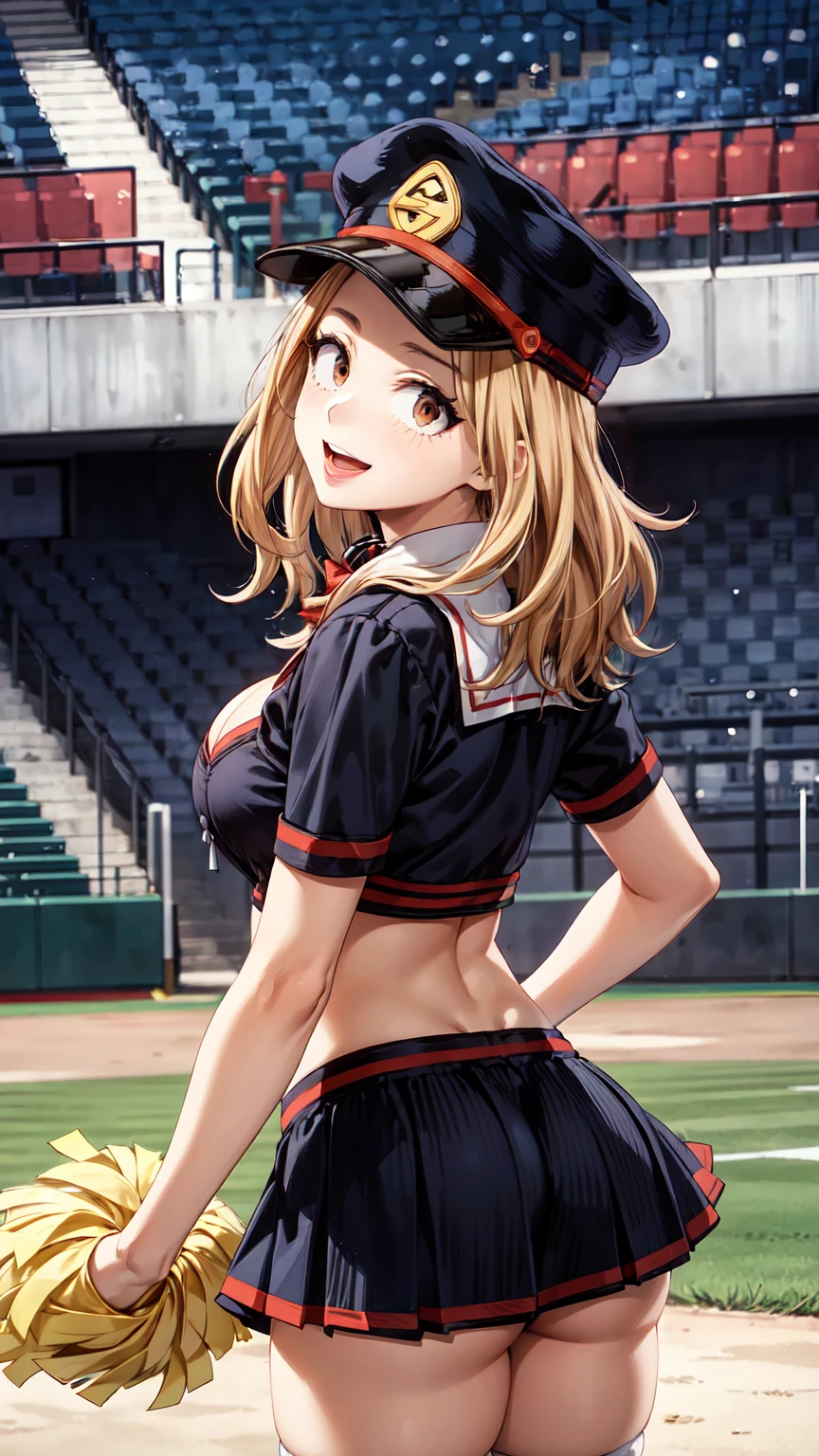 Masterpiece ,best quality , high resolution , (1 girl solo:1.38) , (camie, long hair, brown hair, brown eyes, peaked cap , lipstick , eyeliner) , (cleavage:1.2) , (medium breast:1.28) , (wear baseball hat , belly , navel , white sailor , bow , knot , stockings , panties , strong wind , big wing , skirt lift ) , (cleavage:1.15) , (big breast:1.1) , (face view , look at view , head back , from behind , back view ) , (cheerleader , cheering , holding pom pom , skirt , head tilt , jumping) , (tilted head , smiling , open mouth) , (outdoor , gym，Playing field，Cheerleading ，Strong winds，gale，ribbons flying，victory)