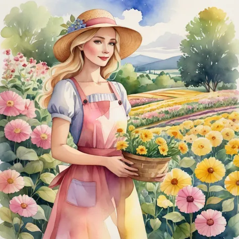 better quality. watercolor illustration, cartoon style, of a graceful russian woman tending a flower garden in soft tones, straw...