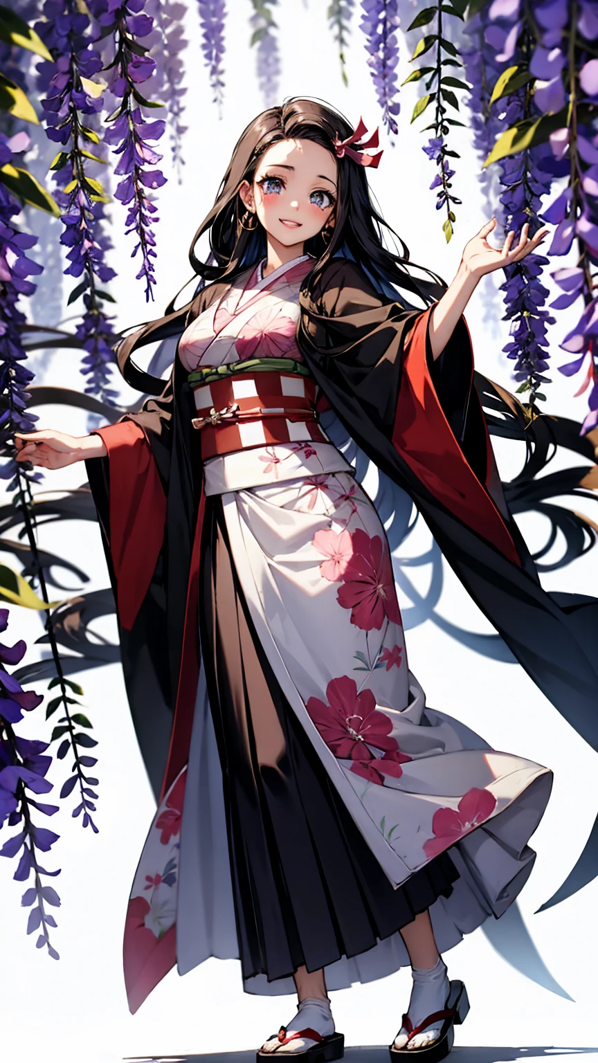 (Highest quality),(masterpiece), 8k,Very detailed, Detailed light, Best Shadow,Detailed reflective eyes, Beautiful Eyes, Very detailedな顔,Shiny Hair,sexy,Big Breasts,Charm,One person,Gloss,nezuko,Demon slayer,kimono,Black Hair,Wisteria flower,Fantasy,Charm,smile,tears,looking at the camera,front,Bamboo,Standing posture,