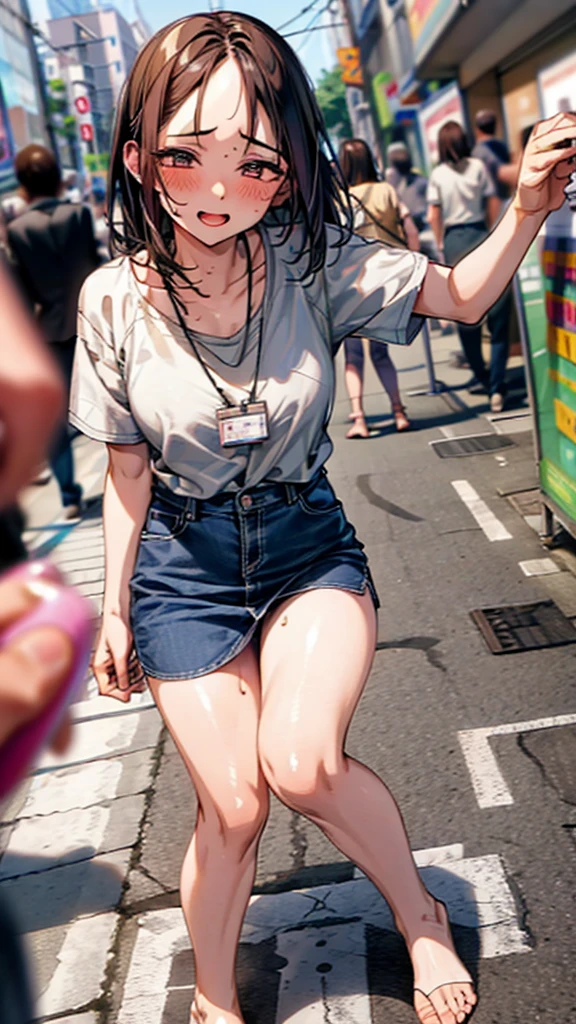 Crowd in the background,masterpiece,Highest quality,High resolution,Anatomically correct,Sweat,barefoot,Glowing Skin,Ahegao,Forehead,Long Bob,ID card,vibrator,