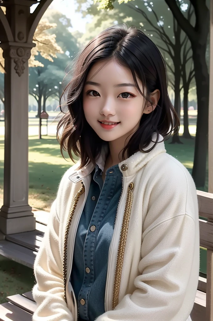 masterpiece, Highest quality, One girl, beautiful, Are you okay, delicate, Very complicated, detailed, Black Hair,Jacket,  ((masterpiece)), extremely detailed, Highest quality, High resolution, ((at the park)), Bridget, smile,  