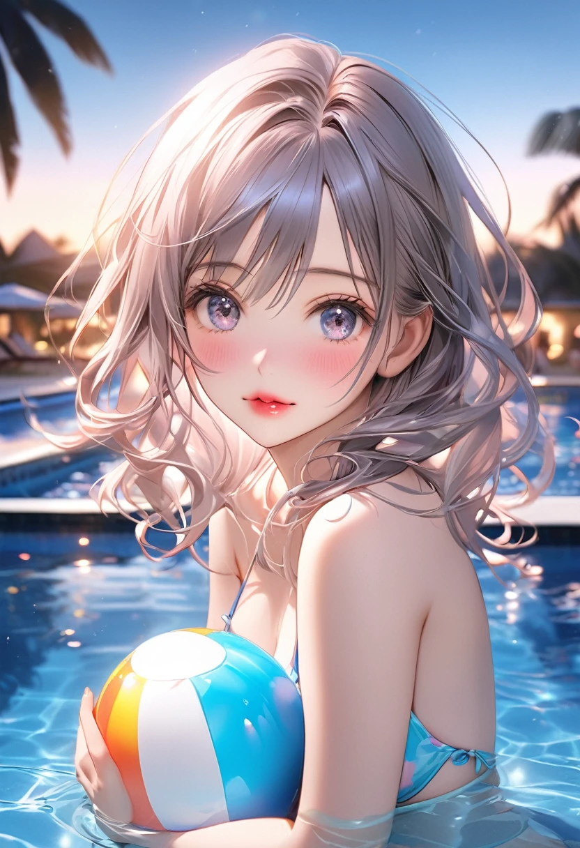 Multiple Exposure, masterpiece:1.2, Highest quality, High resolution, 16K, Beautiful details, Ultra-realistic, Photorealistic:1.37, Beautiful and cute girl, Night Pool, Holding a beach ball in the pool, growing glay eye, shining student, Embarrassed expression, Shiny rosy lips, Beautiful delicate(hair, face, eye, student, Cute Bikini, ), Full Body View