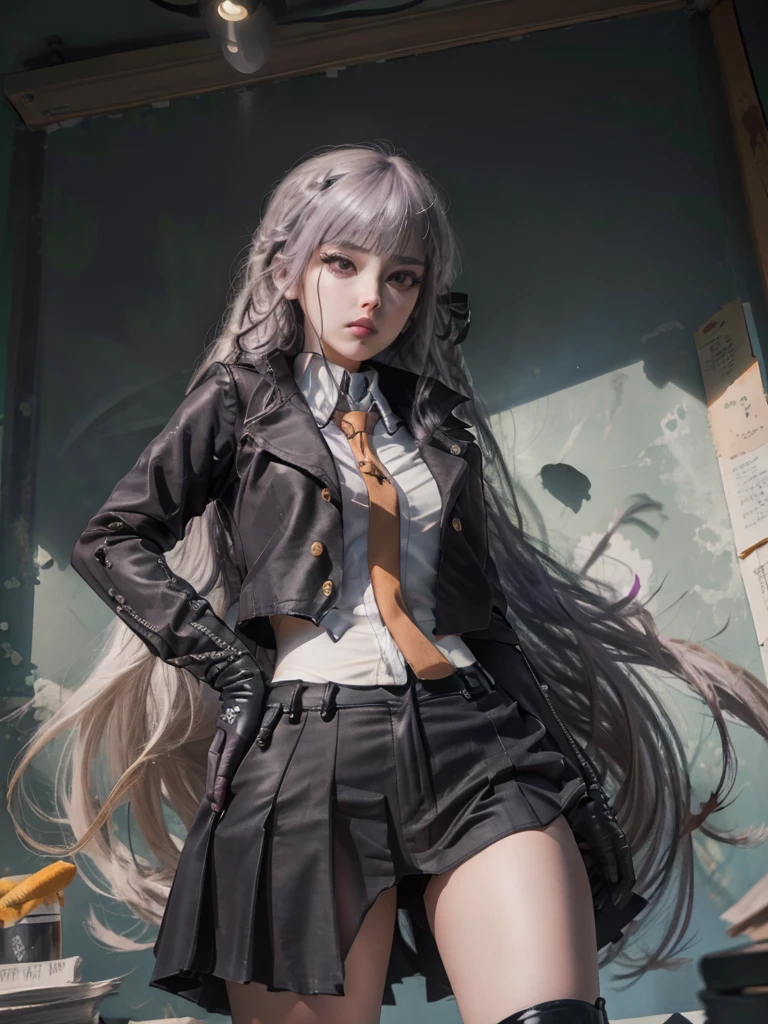 photo Realistic, masutepiece, Realistic, High contrast, hyper Detailed, Best Quality, 超A high resolution, photo Realistic, High resolution, Detailed, Raw photo, Kyoko Kirigiri, Long hair, Purple hair, Side braid, Blunt bangs, Hair Ribbon, a black ribbon, High collar, Brown tie, Black Motorcycle Jacket, Long sleeves, Black Gloves, Black mini skirt, Pleated skirt,(( Black long boots)), (((Full Shot))), Danganronpa \(Series\), Street, Full Shot, Looking at Viewer, White shirt, Woman, (((From below))), Busy city, foreshortening, (Pose Seductive), Looking at Viewer, mad, (eyecontact), japanaese girl,