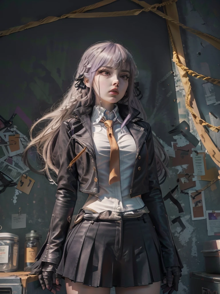 photo Realistic, masutepiece, Realistic, High contrast, hyper Detailed, Best Quality, 超A high resolution, photo Realistic, High resolution, Detailed, Raw photo, Kyoko Kirigiri, Long hair, Purple hair, Side braid, Blunt bangs, Hair Ribbon, a black ribbon, High collar, Brown tie, Black Motorcycle Jacket, Long sleeves, Black Gloves, Black mini skirt, Pleated skirt,(( Black long boots)), (((Full Shot))), Danganronpa \(Series\), Street, Full Shot, Looking at Viewer, White shirt, Woman, (((From below))), Busy city, foreshortening, (Pose Seductive), Looking at Viewer, mad, (eyecontact), japanaese girl,