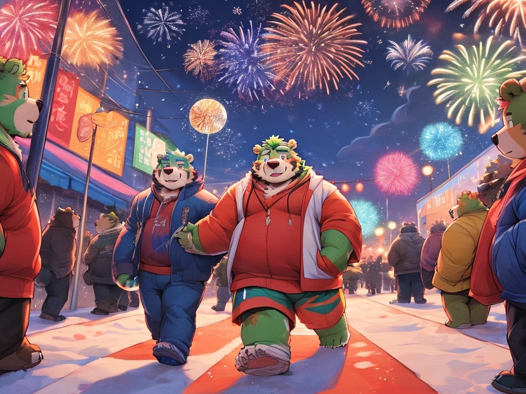 2boy, anthro ((tiger)) with anthro ((bear)), ((kosutora)) going out with ((jinpei)), casual clothes, kissing under fireworks, crowded street, winter, happy new year scenery,