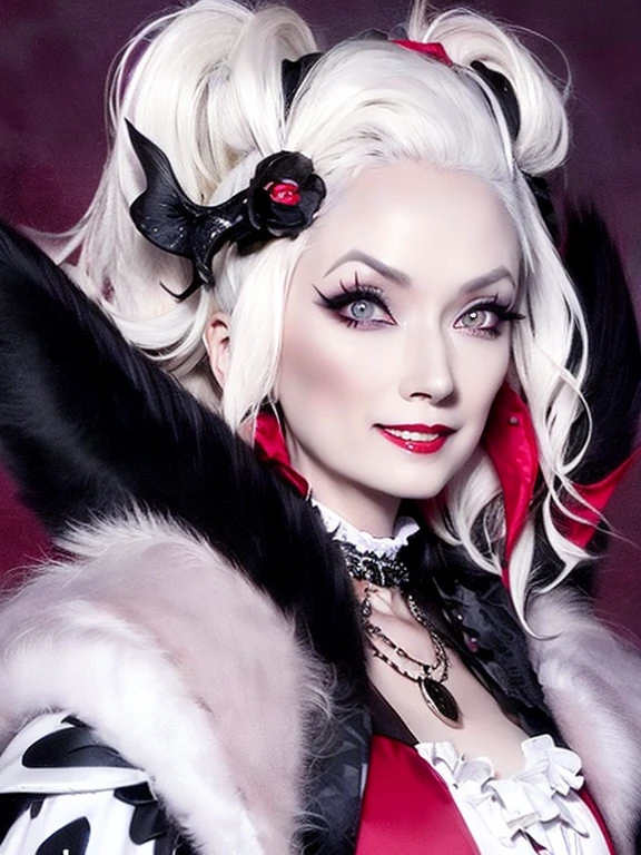 (close up potrait), ((Hair half black and half white like cruella de vil)), Dark fantasy, gothic style, vampire queen, wearing a gothic-style dress, with a bloodthirsty smile and blood on the face, body, and a blood moon in the background. The scene is set in a gothic castle with lots of bats, emphasizing the pale skin and glowing eyes.