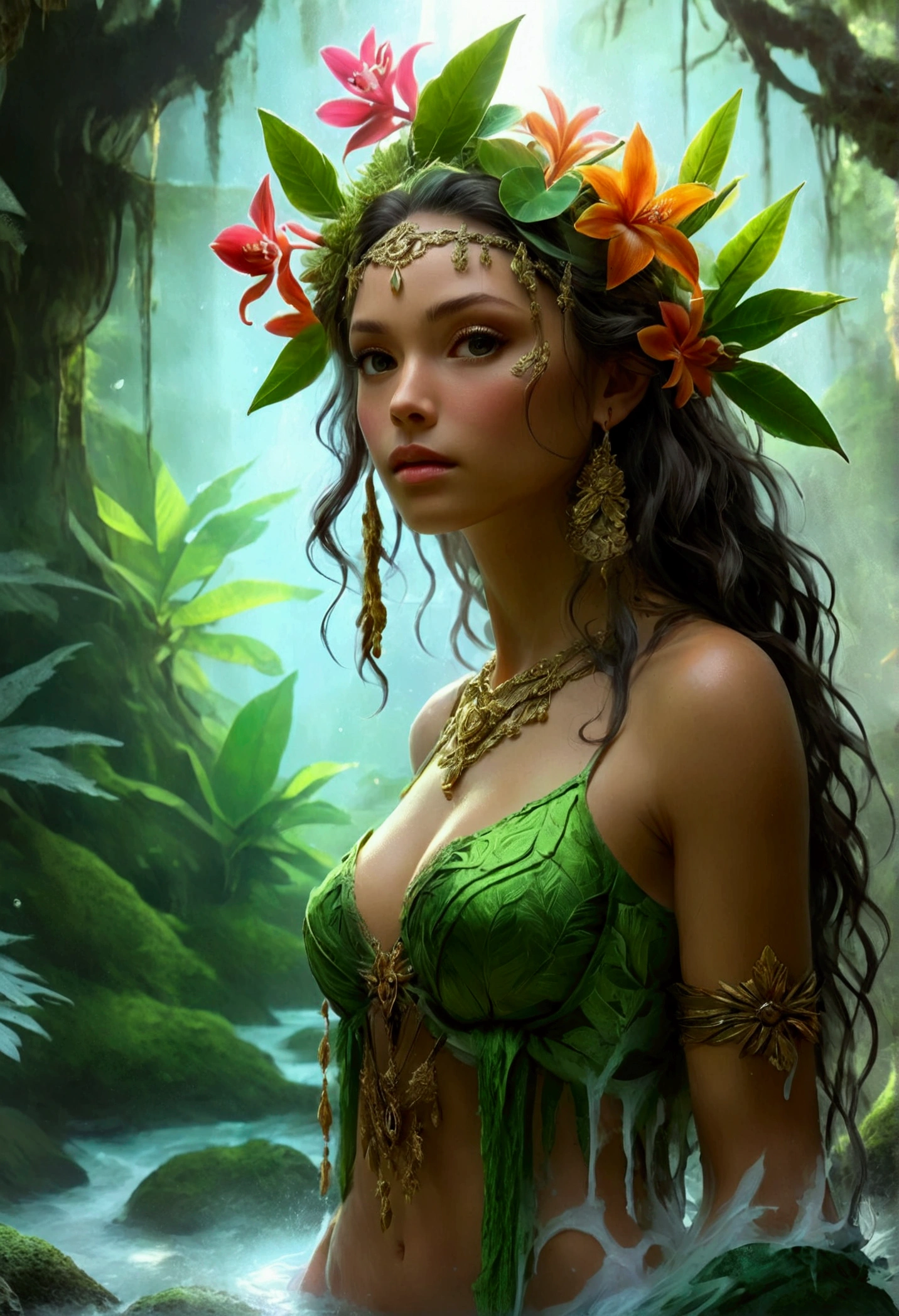  a picture of a druid in her jungle cove, an exotic, most beautiful human druid, priest of nature, warden of the wild of the jungle, full body, ((anatomically correct: 1.5)) long hair, wild hair, light green, flowers and leaves in her hair, wearing a (green robe: 1.3), intricate robe, with flowers on it,  small cleavage, high boots, eyes glowing with magic, she protects her jungle grove, many old (cacao trees: 1.3), orchids trees, heliconia flowers, some wild life, a (stream of water: 1.3), fantasy art, vibrant, Ultra-high resolution, High Contrast, (masterpiece:1.5), highest quality, Best aesthetics), best details, best quality, highres, ultra wide angle, 16k, [ultra detailed], masterpiece, best quality, (extremely detailed) RAW, DruidMagicAI