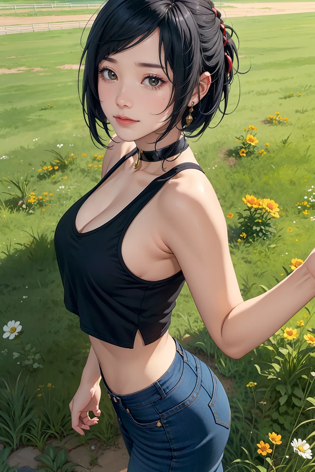 a beautiful woman with short black hair(( yelan genshin impact)), black choker ,big breasts, wearing a pink tank top and mini jeans, front view, smiling, standing in an open grassy field with a clear sky, View from below, fullbody shot, long shot, 