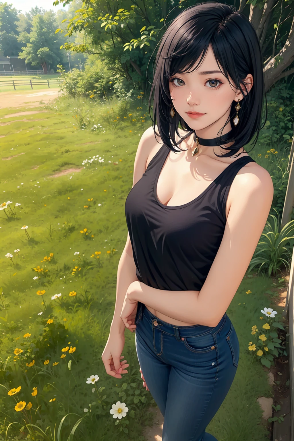 a beautiful woman with short black hair(( yelan genshin impact)), black choker ,big breasts, wearing a pink tank top and mini jeans, front view, smiling, standing in an open grassy field with a clear sky, View from below, fullbody shot, long shot, 