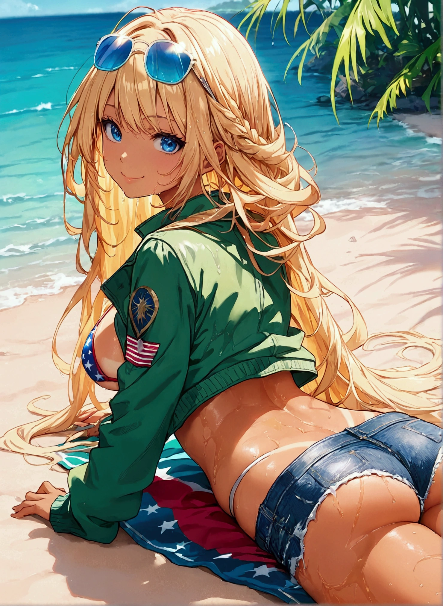 score_9, score_8_up, score_7_up, rating_safe, masterpiece, best quality, very aesthetic, absurdres, 1girl, solo, blonde hair, long hair, messy hair, bangs, blue eyes, smile, pink cheek, (flight jacket, green jacket), denim shorts, (american flag bikini), bikini under clothes, (eyewear on head, sunglasses), large breasts, ass, wet, wet body, oil, tan, bikini tan, gleaming skin, on stomach, from behind, back, outdoors, sand, leisure seat,