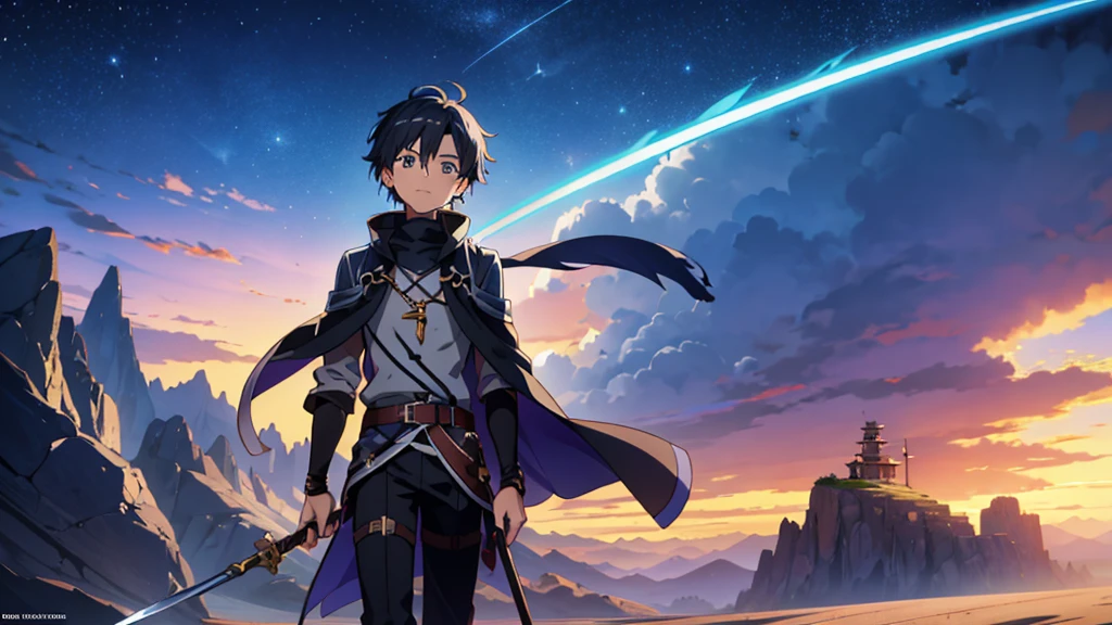 Close-up of a man holding a walking stick in the desert, Kirito, isekai, popular Isekai anime, Mushoku Tensei, Key Anime Art, Sword Art Online, Official Art, The final exile, The final exile anime, SAO-style anime, Thin young male alchemist, Silver, Key Visual, Keqing of Genshin Impact, Pin on anime