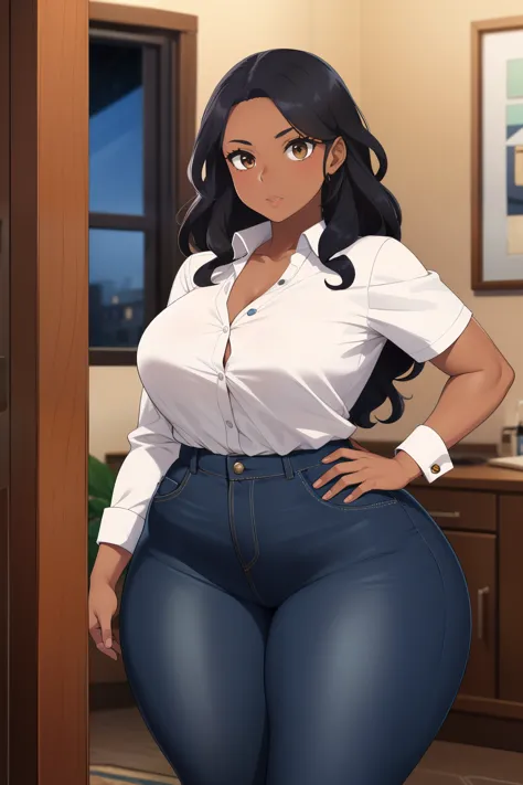 1 young woman, black dark skin, long black curly hair, wearing blue jeans, white tucking in shirt, in her house, brown eyes, she notices something, huge hips, thick thighs