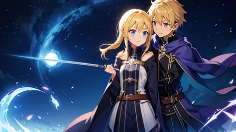 different world、fantasy、wizard with a wand、main character、blonde、kirito