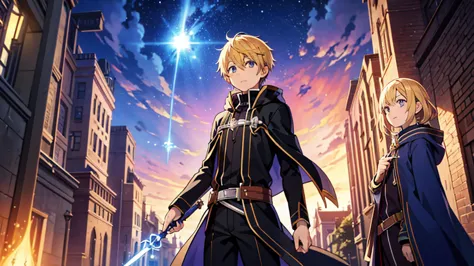 different world、fantasy、wizard with a wand、main character、blonde、kirito