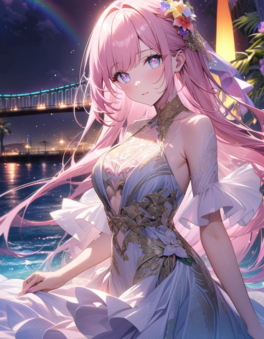 ``A beautiful woman with long pink hair and beautiful eyes wearing an elegant and detailed hawaiian dress.The dress must have intricate designs and patterns to give it a luxurious and luxurious feel.In the background , the image should depict a romantic Hawaiian beach at night with light reflecting off the water and an illuminated bridge across the scene, emphasizing the sparkling effects and rainbows throughout the image. Enhance your look and add special ruffles to your dress to make it stand out.”