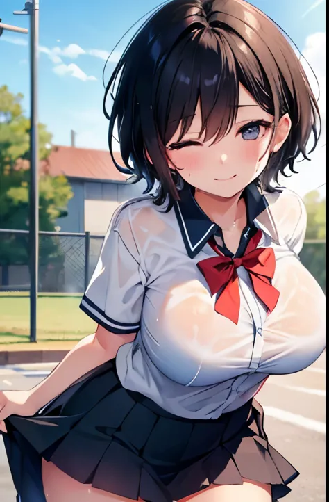 ,high school girl,Very Short Hair,boyish,Black Hair,Schoolyard,high school,sun,Cowboy Shot,Summer uniform,mini skirt,Close ~ eyes,smile,Large Breasts,Sweaty,Wet,