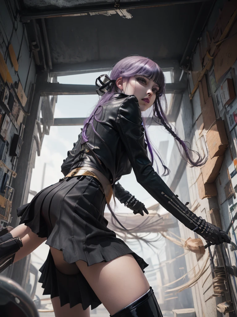 photo Realistic, masutepiece, Realistic, High contrast, hyper Detailed, Best Quality, 超A high resolution, photo Realistic, High resolution, Detailed, Raw photo, Kyoko Kirigiri, Long hair, Purple hair, Side braid, Blunt bangs, Hair Ribbon, a black ribbon, High collar, Brown tie, Black Motorcycle Jacket, Long sleeves, Black Gloves, Black mini skirt, Pleated skirt,(( Black long boots)), (((Full Shot))), Danganronpa \(Series\), Street, Full Shot, Looking at Viewer, White shirt, Woman, (((From below))), Busy city, foreshortening, (Pose Seductive), Looking at Viewer, mad, (eyecontact), japanaese girl,