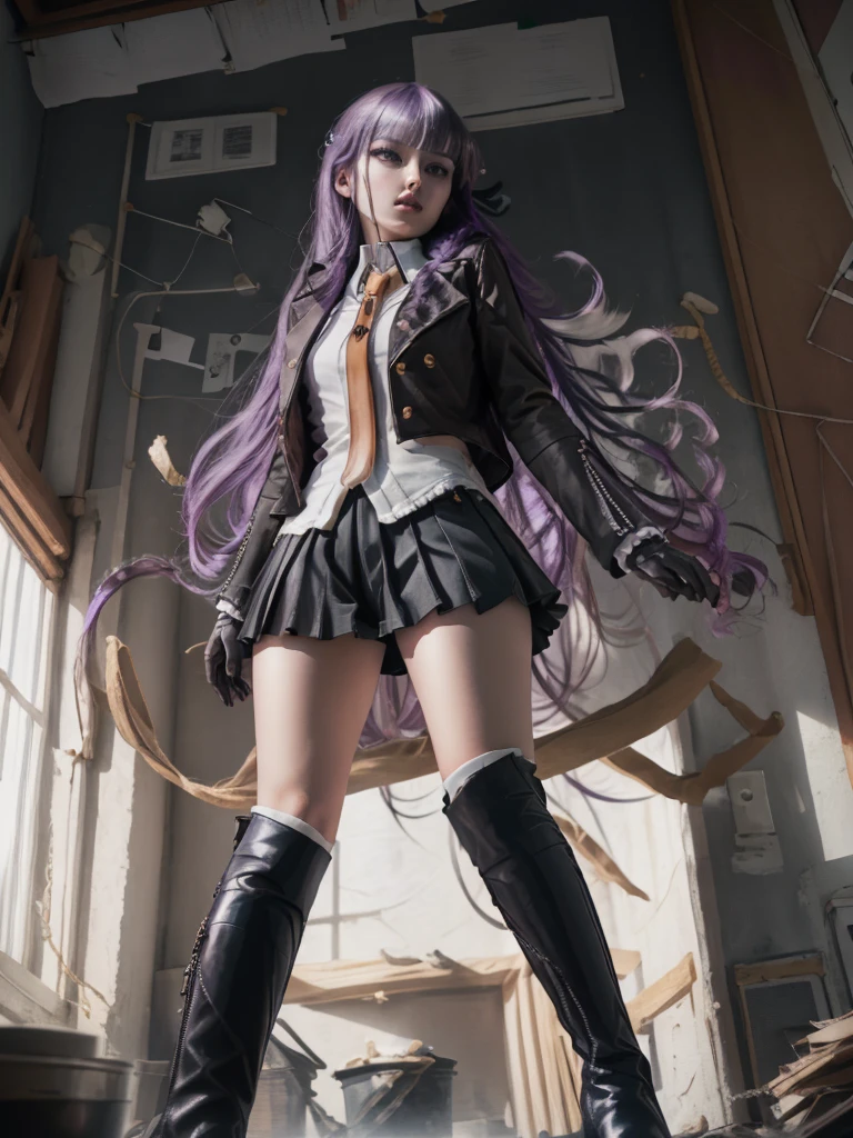 photo Realistic, masutepiece, Realistic, High contrast, hyper Detailed, Best Quality, 超A high resolution, photo Realistic, High resolution, Detailed, Raw photo, Kyoko Kirigiri, Long hair, Purple hair, Side braid, Blunt bangs, Hair Ribbon, a black ribbon, High collar, Brown tie, Black Motorcycle Jacket, Long sleeves, Black Gloves, Black mini skirt, Pleated skirt,(( Black long boots)), (((Full Shot))), Danganronpa \(Series\), Street, Full Shot, Looking at Viewer, White shirt, Woman, (((From below))), Busy city, foreshortening, (Pose Seductive), Looking at Viewer, mad, (eyecontact), japanaese girl,