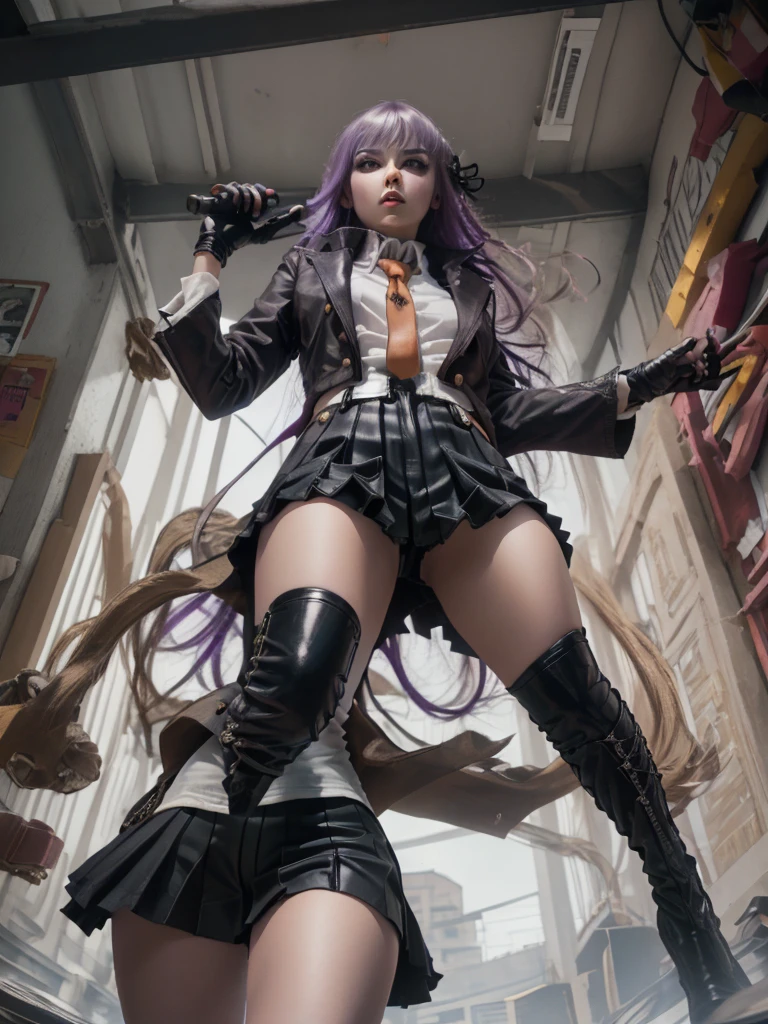 photo Realistic, masutepiece, Realistic, High contrast, hyper Detailed, Best Quality, 超A high resolution, photo Realistic, High resolution, Detailed, Raw photo, Kyoko Kirigiri, Long hair, Purple hair, Side braid, Blunt bangs, Hair Ribbon, a black ribbon, High collar, Brown tie, Black Motorcycle Jacket, Long sleeves, Black Gloves, Black mini skirt, Pleated skirt,(( Black long boots)), (((Full Shot))), Danganronpa \(Series\), Street, Full Shot, Looking at Viewer, White shirt, Woman, (((From below))), Busy city, foreshortening, (Pose Seductive), Looking at Viewer, mad, (eyecontact), japanaese girl,