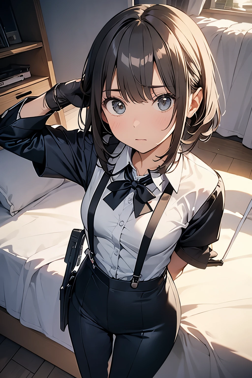 1 female, , high quality, masterpiece, Ultra-high resolution, , Cinema Lighting, , , And the suspenders with the cranes flying　　　Moderate breasts　 　 　　　　Small face　 　　　holster　　　　　　　 Lying in bed　Looking up　　　　Sweat 　　　belt　summer　脇Sweat 　Black Hole Gloves　suit　shirt　　Black jacket　 Black trousers　Leg Links　ズボンにbelt　　holster　 　　Hands behind your back　 Anxious expression　Looking up　Anxious face, legs apart