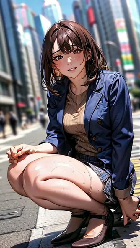 Skyscrapers in the background,masterpiece,Highest quality,High resolution,Anatomically correct,Sweat,Blue suit,pantyhose,shirt,S...