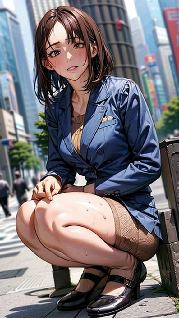 Skyscrapers in the background,masterpiece,Highest quality,High resolution,Anatomically correct,Sweat,Blue suit,pantyhose,shirt,Spread your legs,Spread your legs,Glowing Skin,Forehead,Messy Hair,Long Bob,ID card,Bend your knees and squat