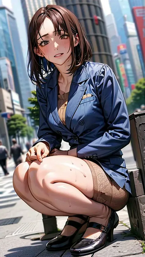 Skyscrapers in the background,masterpiece,Highest quality,High resolution,Anatomically correct,Sweat,Blue suit,pantyhose,shirt,S...