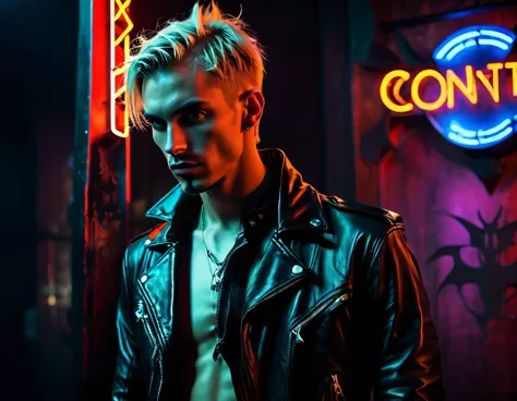 caucasian white, male, handsome, model ((very skinny)), leather jacket, demon, incubus, in night club, short hair, blonde hair, ...