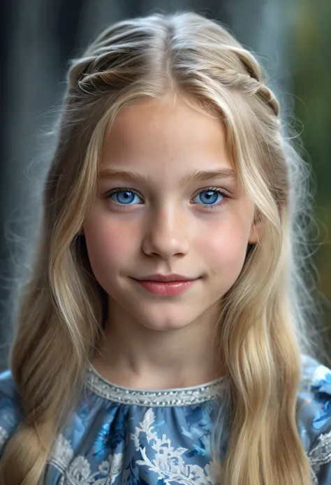 Portrait of a Norwegian beautiful tween, intricate dress, soft smile, huge natural lips, long blonde hair, blue-grey eyes, realism, digital painting, concept art, smooth, sharp focus, rule of thirds, Style-Psycho