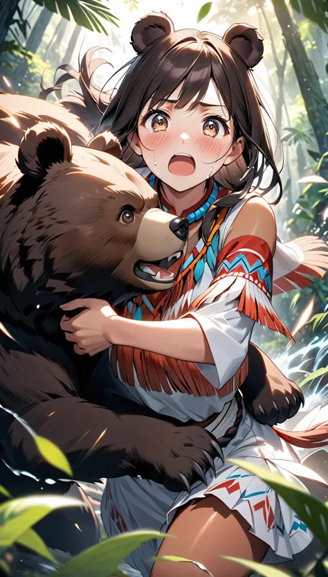 ((Native Indigenous People), Attractive looks, Mature Adult, Realistic Babe), 
BREAK (tanned dark brown skin:1.3), Detailed and glossy texture, Shaking breasts, 
BREAK Running towards the viewer, Crying while approaching, While scattering large tears, Approaching with great force, Dynamic Motion Blur, Dynamic action scenes, Anatomically correct, 
BREAK The bear is chasing me, A jungle of vibrant colours, Native American being chased by a bear, 
BREAK Detailed description of the bear, A bear chasing you relentlessly, ((Heart-eyed bear)), Approaching from behind, Dynamic Motion Blur, dynamic motion, Anatomically correct, 
BREAK Native American crying and asking viewers for help, Crying face, Watery eye, blush, A plea to the viewers, Desperate, Crying, Spilling tears, 
BREAK (((A glimpse into the viewer, Approaching with affection, Eyes that captivate the viewer, The urge to embrace the viewer))), Captivating woman, 
BREAK (Native American being chased by a bear), A fateful encounter in the jungle, Dramatic composition, Cinematic lighting that aesthetically enhances the subject, (wide Dynamic shot), 
BREAK Highest quality, Highest Resolution, Optimized Octane Rendering, super retina vision, 