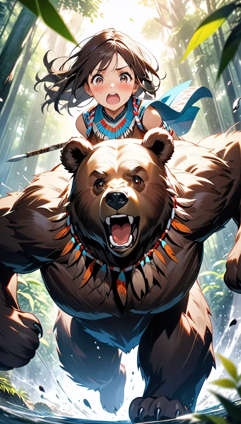 ((Native Indigenous People), Attractive looks, Mature Adult, Realistic Babe), 
BREAK (tanned dark brown skin:1.3), Detailed and glossy texture, Shaking breasts, 
BREAK Running towards the viewer, Crying while approaching, While scattering large tears, Approaching with great force, Dynamic Motion Blur, Dynamic action scenes, Anatomically correct, 
BREAK The bear is chasing me, A jungle of vibrant colours, Native American being chased by a bear, 
BREAK Detailed description of the bear, A bear chasing you relentlessly, ((Heart-eyed bear)), Approaching from behind, Dynamic Motion Blur, dynamic motion, Anatomically correct, 
BREAK Native American crying and asking viewers for help, Crying face, Watery eye, blush, A plea to the viewers, Desperate, Crying, Spilling tears, 
BREAK (((A glimpse into the viewer, Approaching with affection, Eyes that captivate the viewer, The urge to embrace the viewer))), Captivating woman, 
BREAK (Native American being chased by a bear), A fateful encounter in the jungle, Dramatic composition, Cinematic lighting that aesthetically enhances the subject, (wide Dynamic shot), 
BREAK Highest quality, Highest Resolution, Optimized Octane Rendering, super retina vision, 