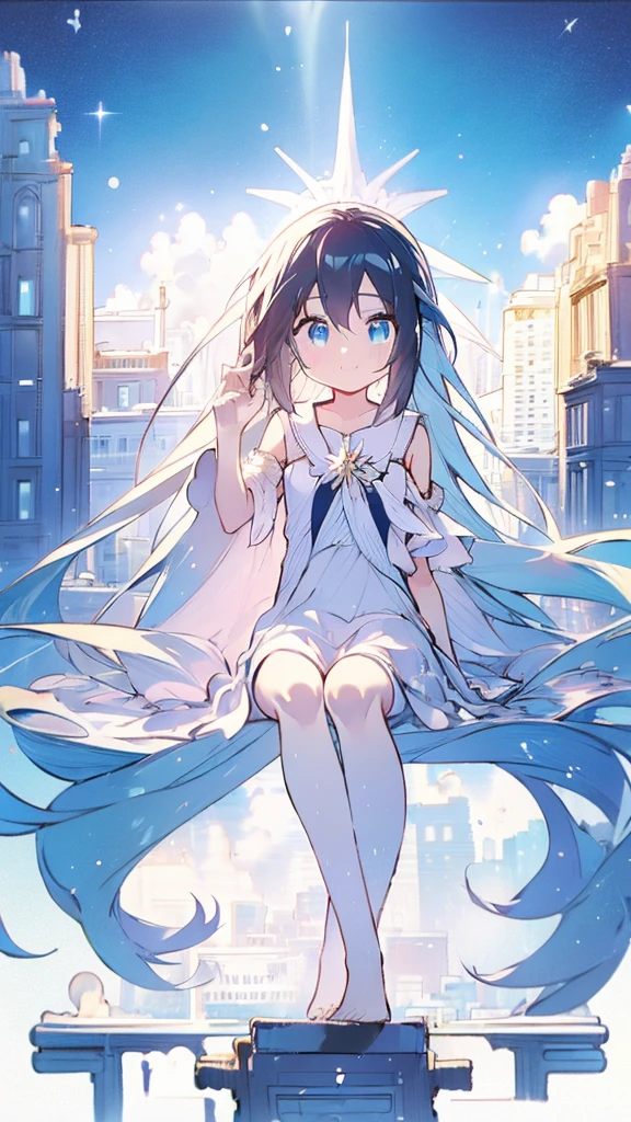 Seven-doppelganger shot，Anime style 4K,High quality anime art style，Standing painting，Splash ink background，Blue Themes、Pure white background,Buildings,Face close-up,Buildings,Moon and sun、Shining Star々,milky way,Bright Sky,Looking at me,Facing forward,Clear eyes and nose,cute,beautiful,Thin legs,sitting by the water, black hair, Blue eyes, girl, bob, front, cute,Blue Background,Long Hair,Whale flying in the blue sky,Buildings,whale,Black Hair,ギャルファッション,ギャルの服