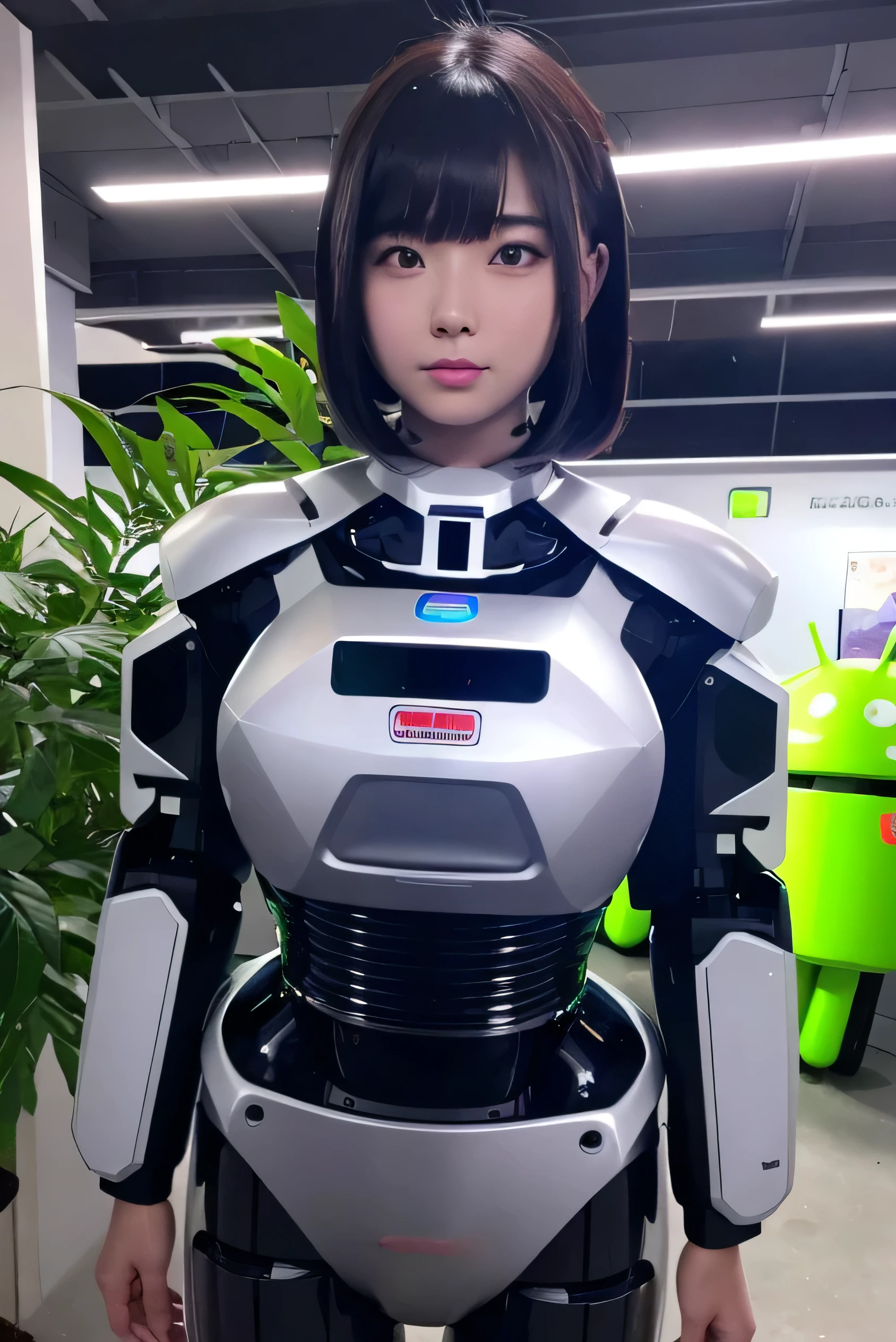 masterpiece, best quality, extremely detailed, Japaese android girl,portrait,Plump,a bit chubby,control panels,android,Droid,Mechanical Hand, Robot arms and legs, Black hair,Blunt bangs,perfect robot girl,long tube,thick cable connected her neck,android,robot,humanoid,cyborg,japanese cyborg girl ,robot-assembly plant,She is assembling now,assembly scene,camera eyes,chest monitor