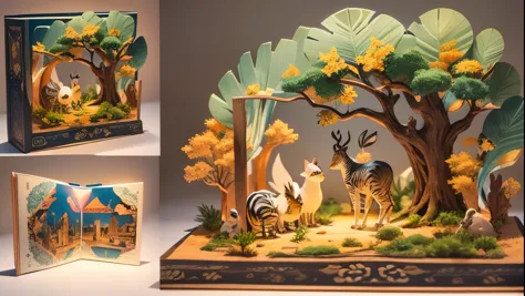 （Pop-up Books：1.5），（zoo），（Colorful、Highest quality、Attention to detail、masterpiece、Folk art、Cinematic Lighting Effects、4K、Chiaroscuro）