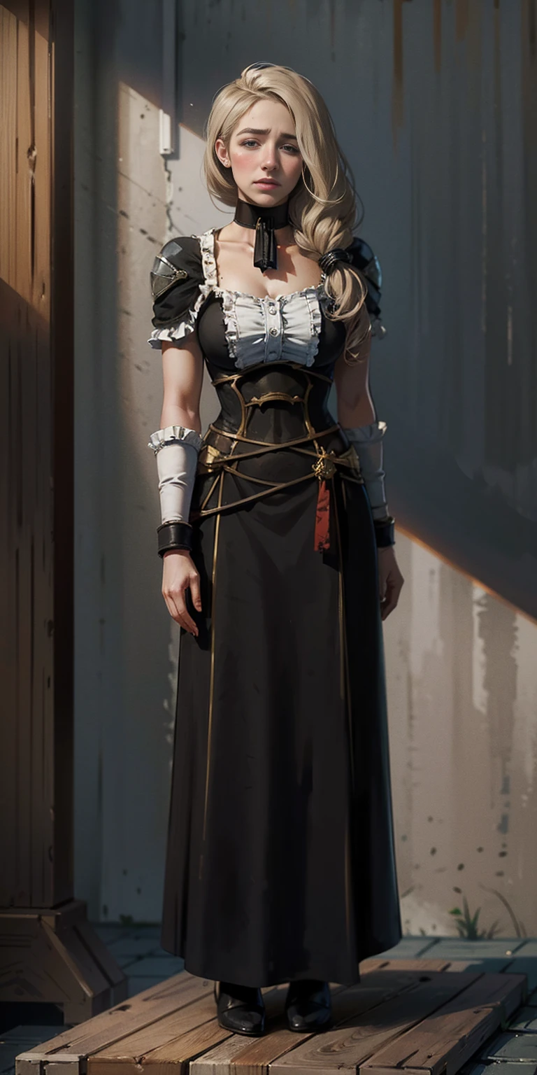 (​masterpiece, best quality), Intricate detailing, 1 girl, Mercedes von Martritz from Fire Emblem (Full body standing posture from toes to head on a wooden pole:1.2) iron collar, Arms behind the back, Iron cuffs, fetters, tied, Bondage-Outfit, Dishes, O-Ring, Bondage-Outfit blindfolded cover eyes, happy red cheeks, chain leash collar choker neck bell fetters wristbands bracers bracelets, split gag, Sad face, red cheeks, Crying tears, PAINFUL (She was sold and betrayed by her own family)