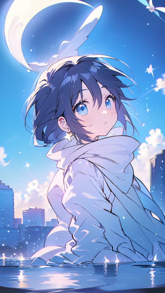 Seven-doppelganger shot，Anime style 4K,High quality anime art style，Standing painting，Splash ink background，Blue Themes、Pure white background,Buildings,Face close-up,Buildings,Moon and sun、Shining Star々,milky way,Bright Sky,Looking at me,Facing forward,Clear eyes and nose,cute,beautiful,Thin legs,sitting by the water, black hair, Blue eyes, girl, bob, front, cute,Blue Background,Long Hair,Whale flying in the blue sky,Buildings,whale,Black Hair,ベリーショート,パーマ,ソバージュ,弓を持つ