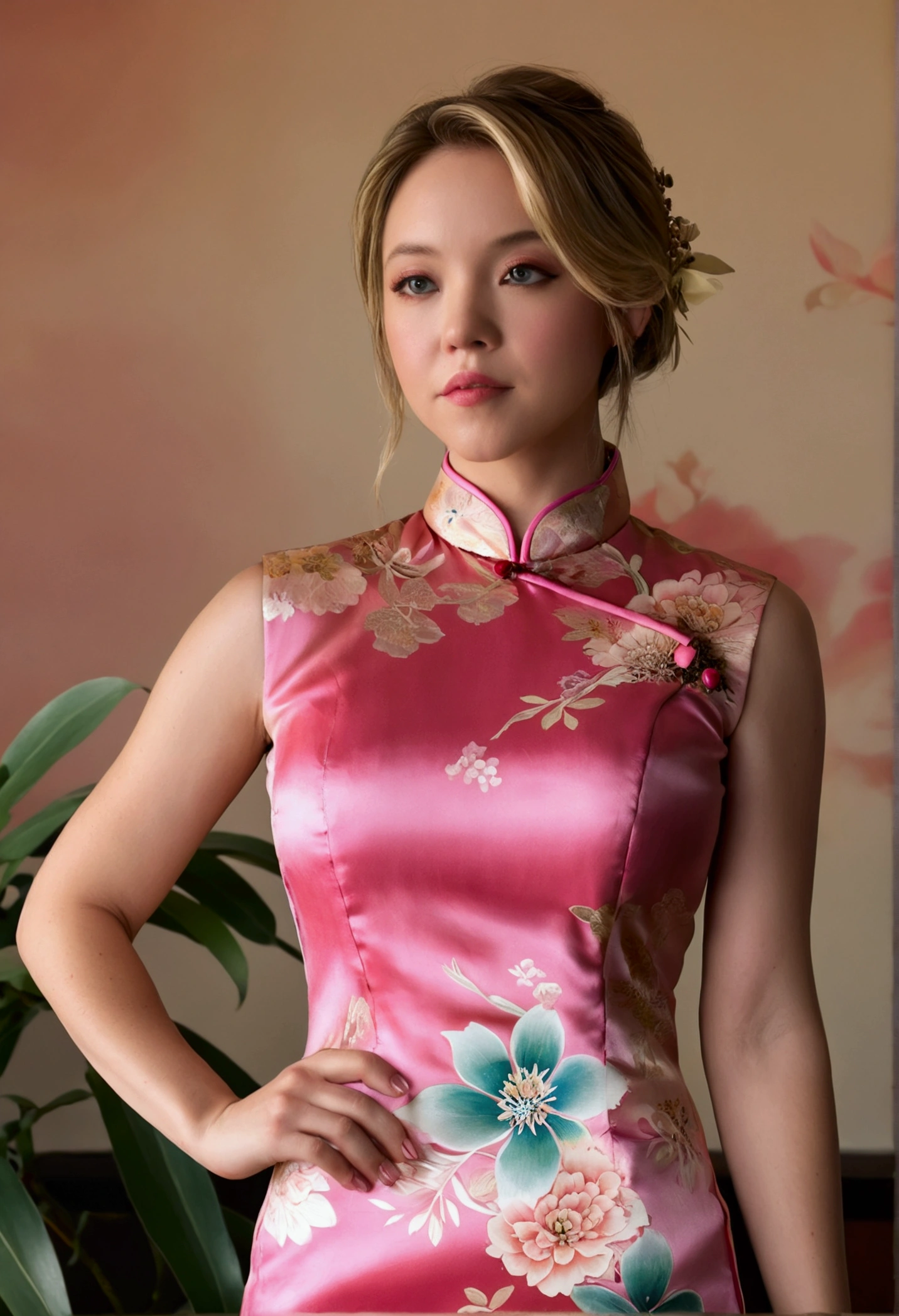 (photograph of Sydney, in silk qipao),seductive , photorealistic, seductive,  sexy pose, sydney sweeney