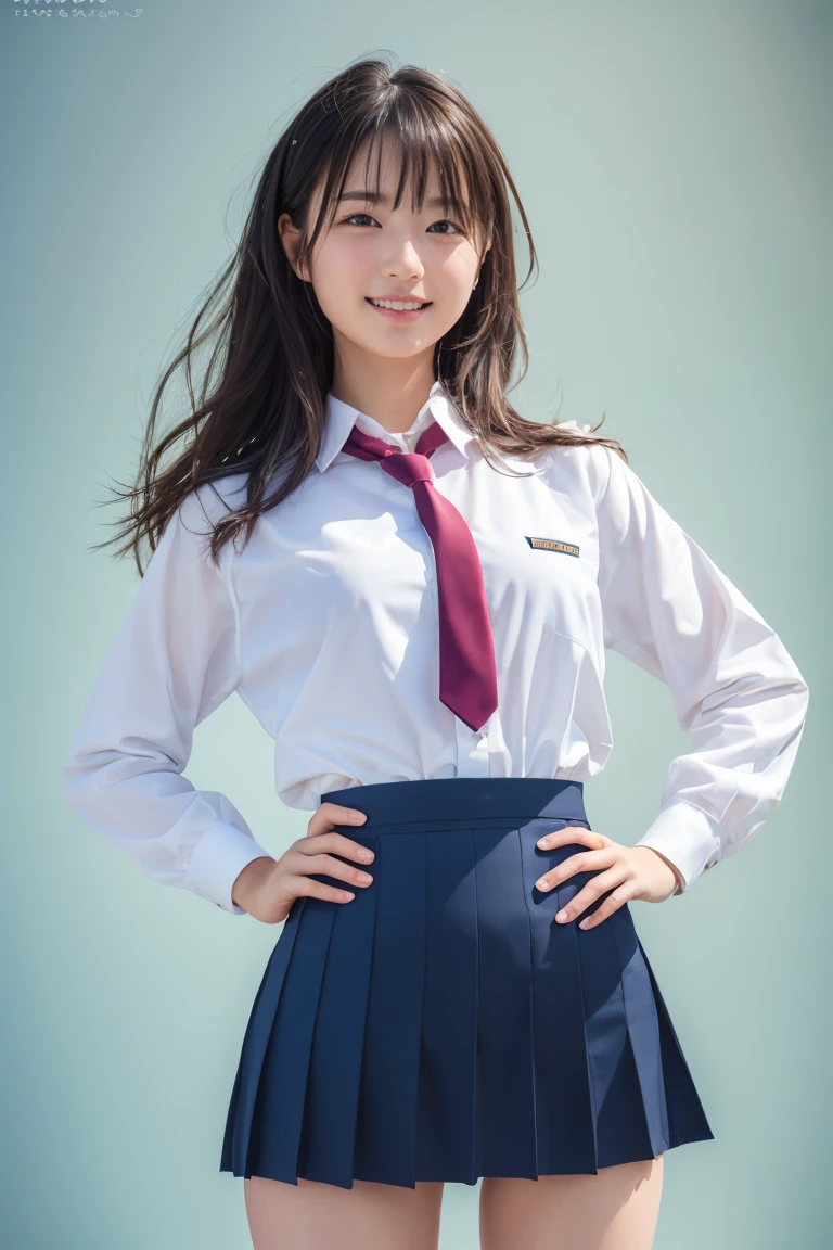 ((school uniform)),ribbon at neck,(school uniform and ((navy skirt)) and white shirt:1.1), Skin color, big , smile, (8k, RAW Photos, Highest quality, masterpiece:1.2), masterpiece, super detailed, super high quality, (Realistic and Realistic photography:1. 37), High-resolution RAW color photos, Very delicate and beautiful, highly detailed, 8k壁紙, wonderful, detailed, Very eye, very detailed, very detailed skin, very thin fingers, very detailed nose, very detailed mouth, Perfect Anatomy, Upper Body, studio, Soft lighting, A full-body shot of a cute idol wearing a one-piece swimsuit, Playful pose, Hands on hips, smile, Pastel Background, Realistic, Attention to detail, studio photography