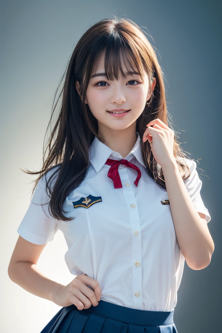 ((school uniform)),ribbon at neck,(school uniform and ((navy skirt)) and white shirt:1.1), Skin color, big , smile, (8k, RAW Photos, Highest quality, masterpiece:1.2), masterpiece, super detailed, super high quality, (Realistic and Realistic photography:1. 37), High-resolution RAW color photos, Very delicate and beautiful, highly detailed, 8k壁紙, wonderful, detailed, Very eye, very detailed, very detailed skin, very thin fingers, very detailed nose, very detailed mouth, Perfect Anatomy, Upper Body, studio, Soft lighting, A full-body shot of a cute idol wearing a one-piece swimsuit, Playful pose, Hands on hips, smile, Pastel Background, Realistic, Attention to detail, studio photography