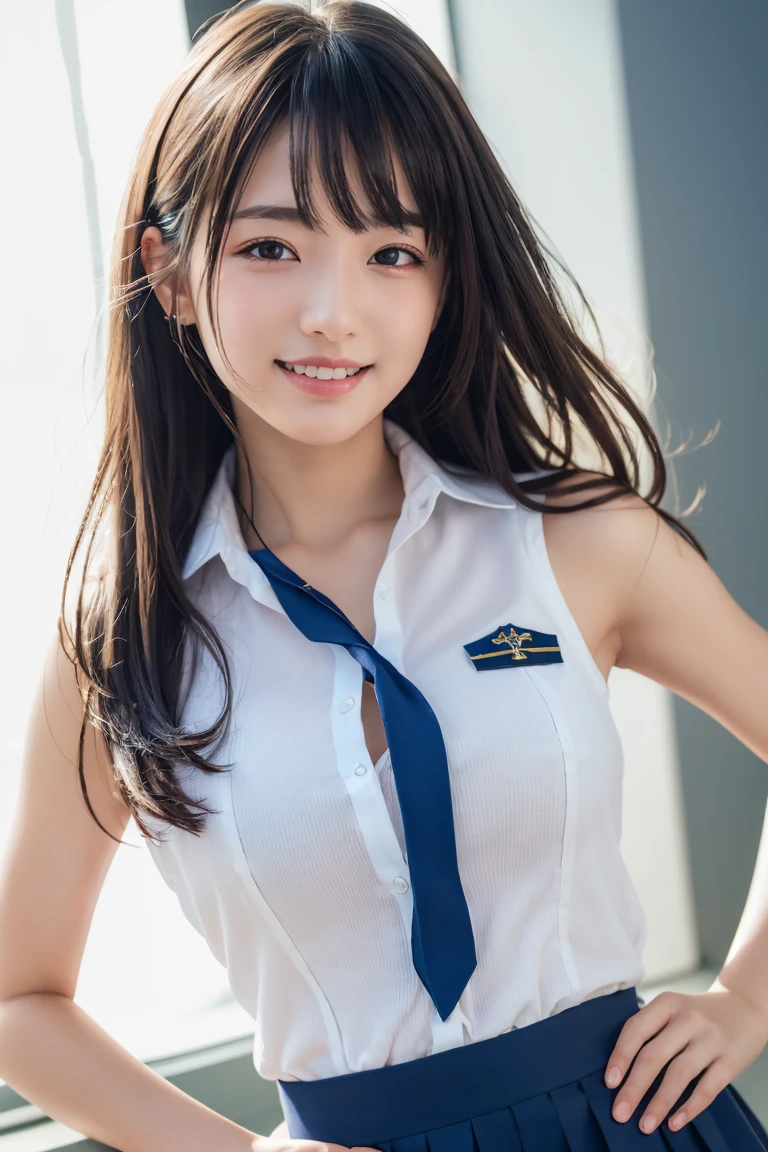 ((school uniform)),ribbon at neck,(school uniform and ((navy skirt)) and white shirt:1.1), Skin color, big , smile, (8k, RAW Photos, Highest quality, masterpiece:1.2), masterpiece, super detailed, super high quality, (Realistic and Realistic photography:1. 37), High-resolution RAW color photos, Very delicate and beautiful, highly detailed, 8k壁紙, wonderful, detailed, Very eye, very detailed, very detailed skin, very thin fingers, very detailed nose, very detailed mouth, Perfect Anatomy, Upper Body, studio, Soft lighting, A full-body shot of a cute idol wearing a one-piece swimsuit, Playful pose, Hands on hips, smile, Pastel Background, Realistic, Attention to detail, studio photography