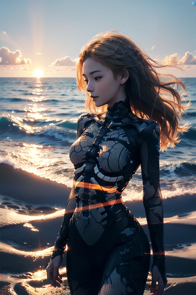 A girl standing sideways in the shallow waves of the evening beach, her torso bones glowing red in the X-rays, twists her body to face us and smiles. The sunset has penetrated her body, and the veins that run like a mesh appear to glow blue. She is holding her blonde hair with one hand as it flutters in the wind, and an island can be seen in the distance far beyond. Low angle. A color anime digital artwork with an otaku-oriented manga-style touch in which details are accurately depicted. Portrait in aspect ratio 3:4.